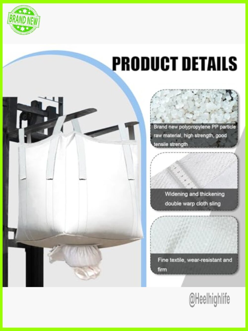 Large Woven Polypropylene Bulk Bags, 3300lb Capacity, 39.4" Size - Picture 3 of 7